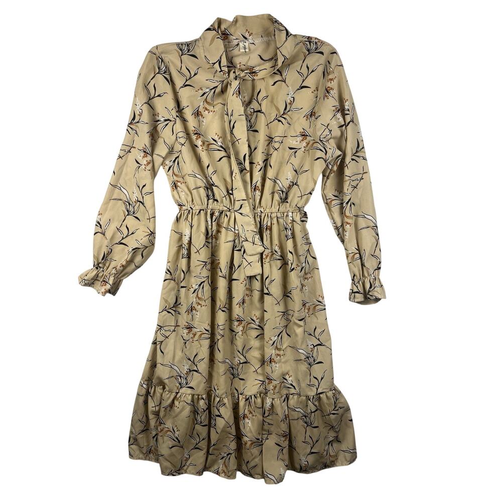 Beautiful Women’s Beige Floral Print Long Sleeve Tie Neck Ruffle Midi Dress S